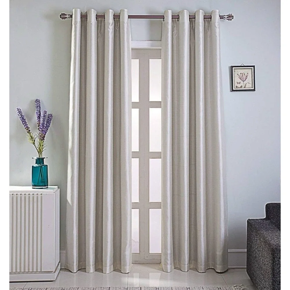TWO PANELS Faux Silk Blackout Curtains Grommets, Insulated, Beige, 52